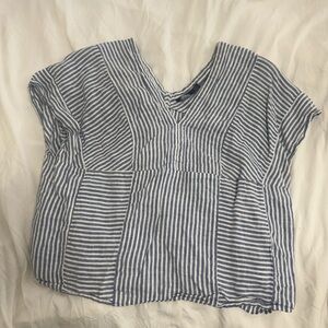 100% Linen blue and white striped V-Neck Women's Top